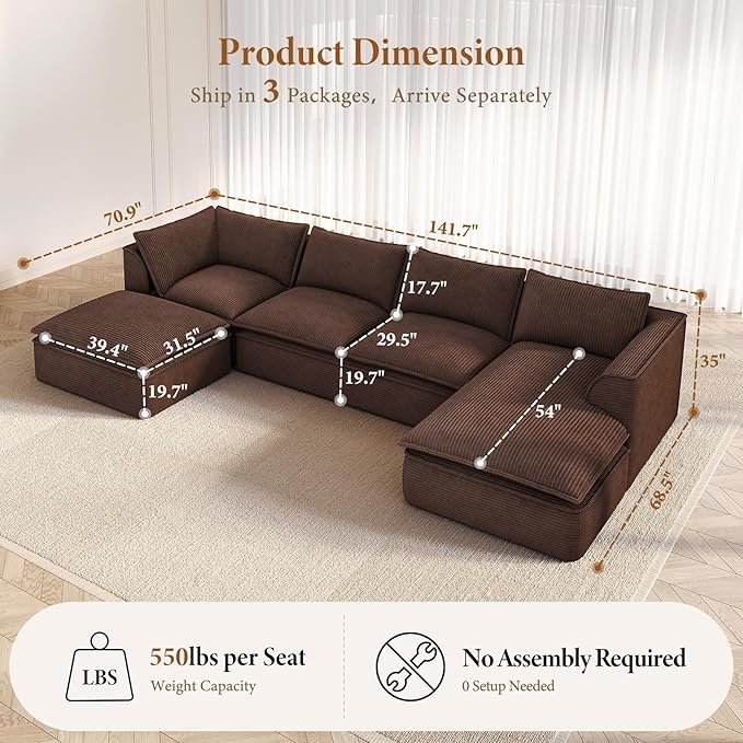 Vesgantti 141.7 U Shaped Boneless Sectional Couch Modern 6 Seater Modular Sofa with Chaise &amp Ottoman Deep Seat Corduroy Cloud Couches for Living Room No Assembly Required Dark Brown