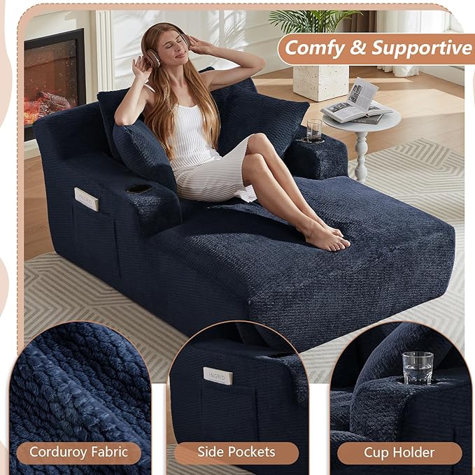 66 Oversized Chaise Lounge Chair Indoor Modern Upholstered Deep Seat Sofa Bed Sleeper Couch Reading Chairs Comfy Corduroy Cloud Sofas Couches for Living Room No Assembly Dark Blue