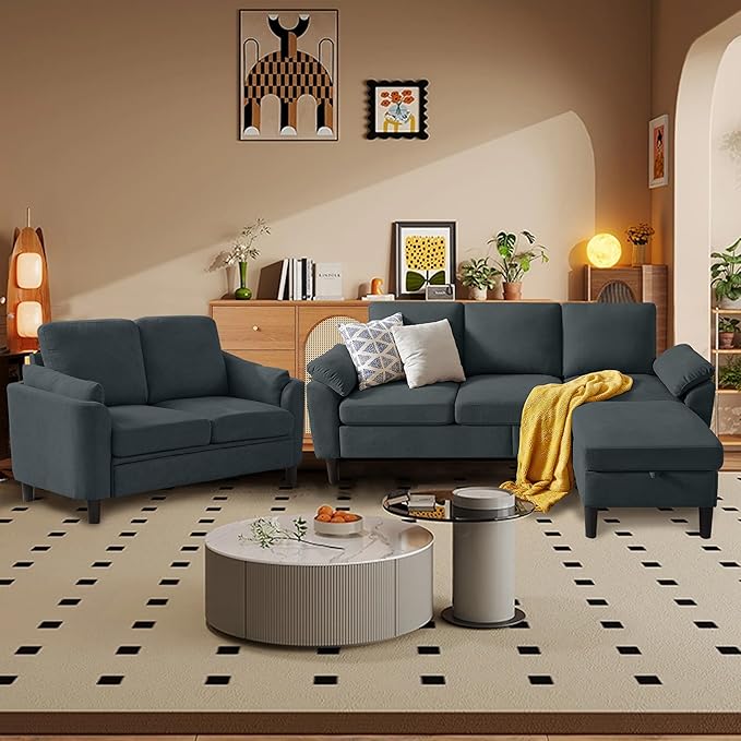 80 Convertible Sectional Sofa Set Modern Linen Small L Shaped Couch with Reversible Chaise and Loveseat Sofa 3-Seat Sofa Couches for Living Room Office Apartment Dark Grey