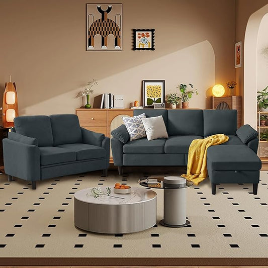 80 Convertible Sectional Sofa Set Modern Linen Small L Shaped Couch with Reversible Chaise and Loveseat Sofa 3-Seat Sofa Couches for Living Room Office Apartment Dark Grey