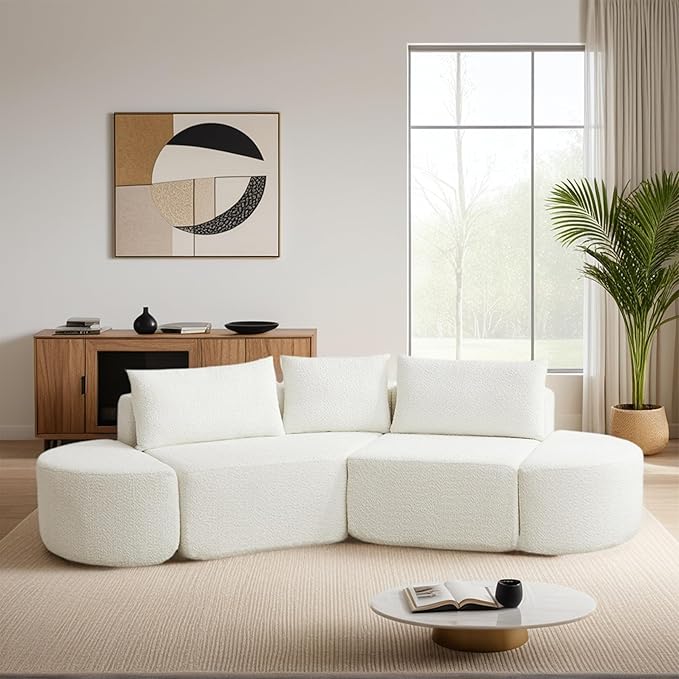 106“ Boneless Chenille V-Shaped Modular Sofa Set Three Throw Pillows 3-Seater Sofa Two Curved Ottomans Combination Couch for Living Rooms (Beige 106 Left Chaise)