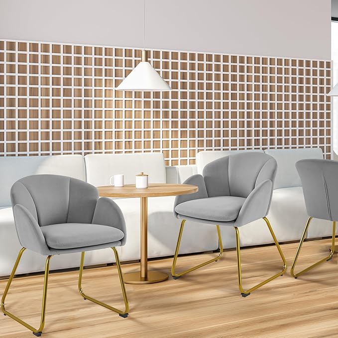 Yaheetech Velvet Dining Chair Flower Shaped Armchair with Golden Legs Upholstered Side Chair for Kitchen Dining Room Living Room Set of 2 Gray