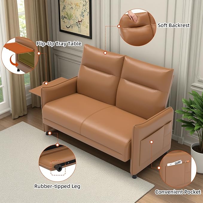 Faux Leather Small Loveseat Sofa Small Sofa 2 Seater Couch with Flip Up Tray Table Side Pockets Elastic Cushion Perfect Loveseat Couch for Bedroom Living Room or Office Brown