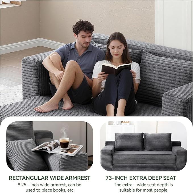 73 Convertible Sofa Bed Pull Out Boneless Loveseat Sleeper Sofa Corduroy Foldable Couch Bed with Storage Bag No Assembly Couch in a Box for Living Room Apartment (Grey)