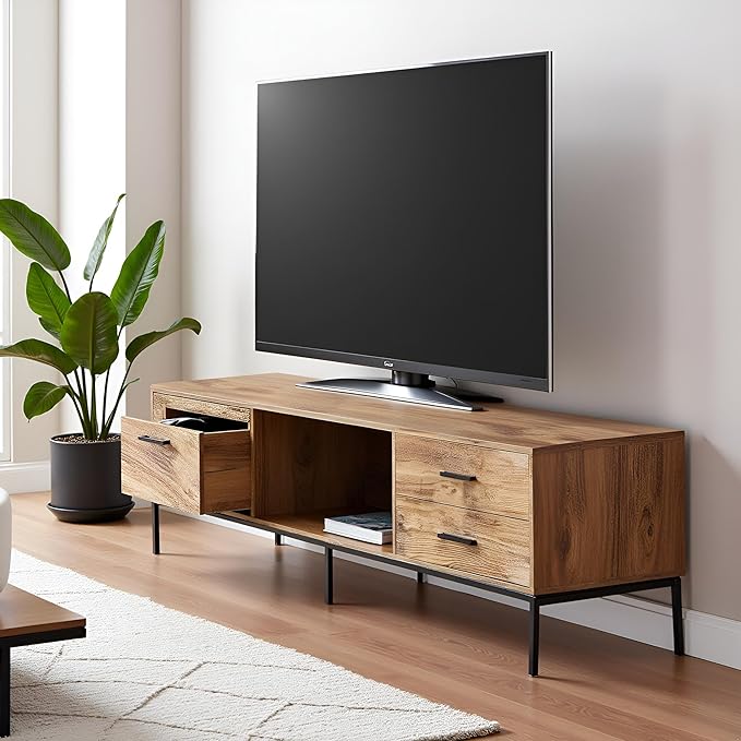 TV Stand for 55/60 Inch TV Modern Wood Entertainment Center with Storage 52 Media Console Table with 2 Drawers &amp Door Cabinet Television Stands for Living Room &amp Bedroom (Rustic Brown)