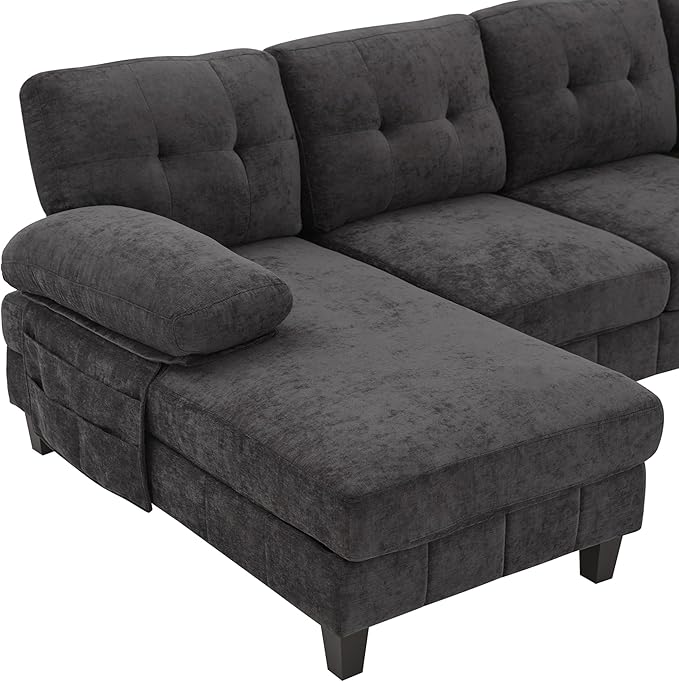 103.5 U-Shaped Sectional Sofa Modern Chenille Fabric Couch with Dual Chaise Lounges Side Storage Pockets and Armrest Pillows for Living Room (Black//16)