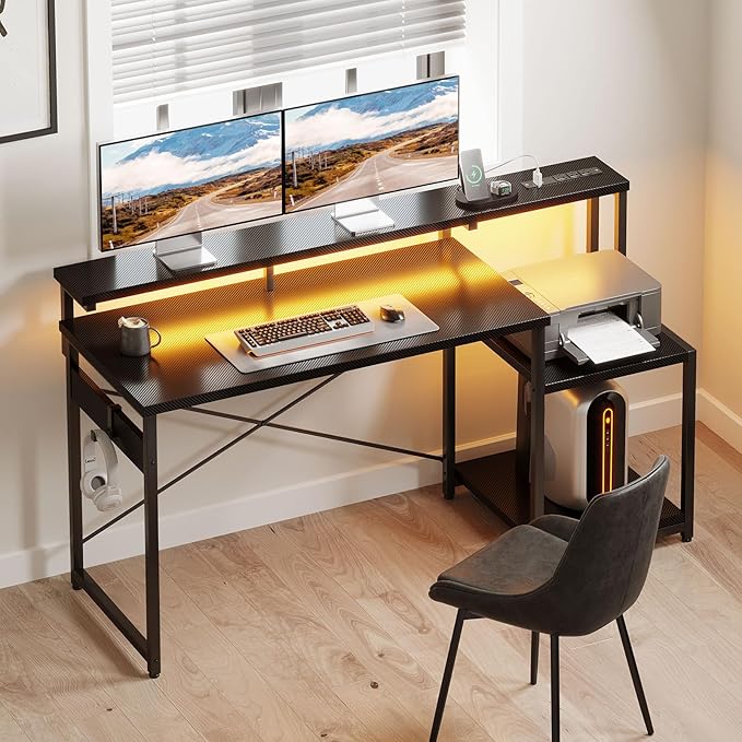 AODK Computer Desk 56 Inch Gaming Desk with Led Lights &amp Power Outlet Office Desk with Storage Shelves Reversible Desk with Monitor Shelf &amp Headphone Hook Carbon Fiber Black