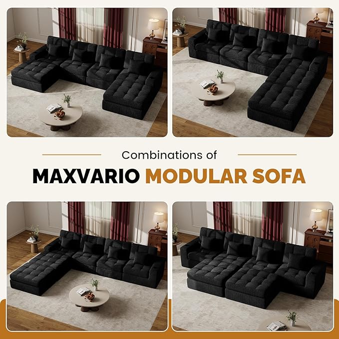 113 Modular Sectional Sofa for Living Room Convertible L-Shape Couch with OttomanCloud Boneless Couch with Layered CushionBlack Corduroy