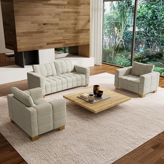 81.89 Sofa Comfy 3 Seat Sofa Tufted Chenille Upholstered Sofa Couch for Living Room with Gold Metal Legs and 2 Throw Pillows (BAIGE+1.5S+1.5S)