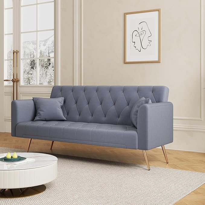71 Futon Sofa Bed VelvetConvertible Sleeper Sofa CouchModern Folding Futonwith 3 Adjustable Backrests and 2 Pillowsfor Small Living Room Bedroom Office (Grey)