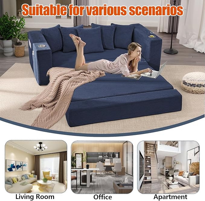 Anwick 2-in-1 Convertible Sleeper Sofa Bed Corduroy Boneless Loveseat Cloud Couch for Living Room Compressed Sofa in a Box 5 Pillows Fixed Frames Side Pockets &amp Cup Holders No Assembly (Blue