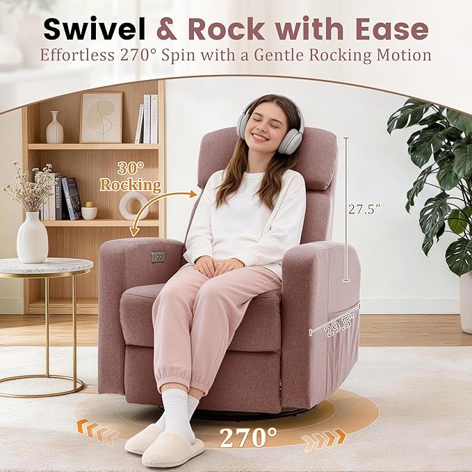 Power Swivel Recliner Chairs for Adults Electric Glider Rocking Chair Nursery Glider Recliner Nursery Chair with Classified Side Pocket Nursery Rocking Chairs with USB and Type-C Ports