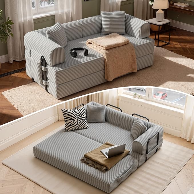 Convertible Coarser Corduroy Sleeper Sofa Bed with Cylindrical Pillow Folding Mattress Couch with Fixed-Shape Frame Floor Sofa Lounge Couch for Living Room Bedroom Lounge Studio Grey