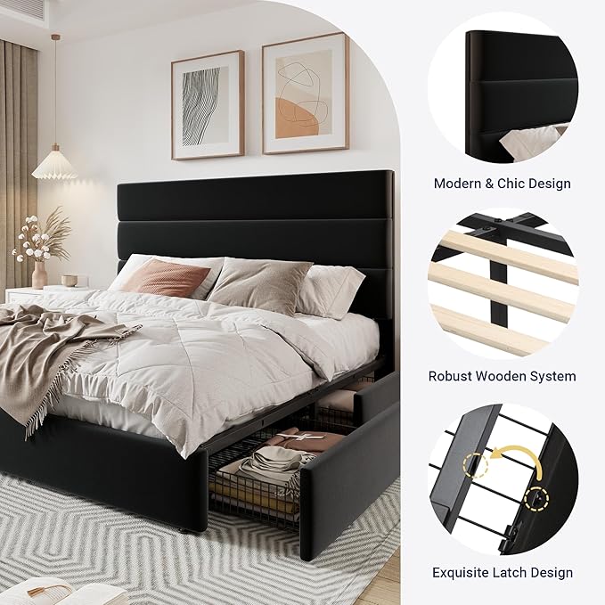 Allewie Modern Full Size Platform Bed Frame with 4 Storage Drawers and Velvet Upholstered Headboard Wooden Slats Support Upholstered Mattress Foundation/No Box Spring Needed/Easy Assembly Black