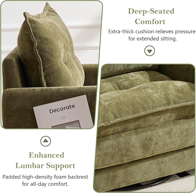 cinkehome Oversized Swivel Chair 36 Swivel Armchair Accent Chair for Living Room Mid Century Modern Thick Padded Arm Chairs Memory Foam Chenille Olive Green