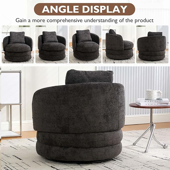 Swivel Accent Chairs 360° Round Swivel Barrel Chair with Pillow for Reading Room Bedroom Dark Grey Chenille Armchair Single Club Chair for Living Room (Dark Grey)