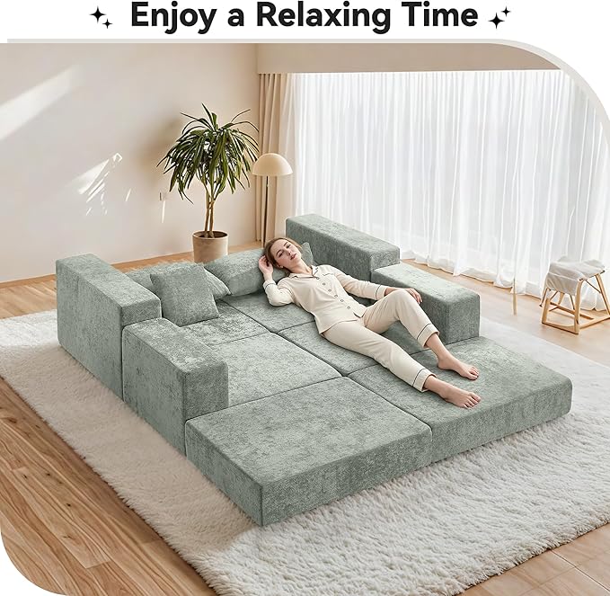 Boneless Sectional Loveseat Couch with Ottoman Convertible Modular Floor Sleeper Sofa Bed Comfy Foldable Compression Love Seat Sofa for Living Room No Assembly Green