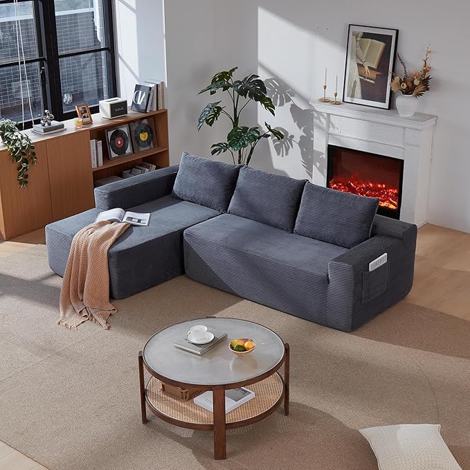 Sectional Couch with L-Shape Chaise 96 Modular Sectional Sofa with Deep Seat Modern Corduroy Couch Lazy Compression Sofa for Living Room No Assembly Required Left Facing Chaise Blue&ampGrey