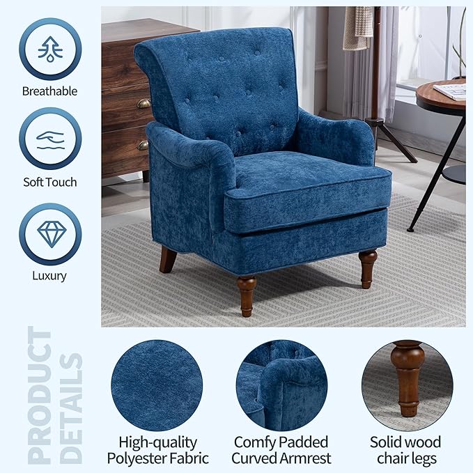 Retro Accent Armchair with Spring Cushions &amp Ergonomic Design - Chenille Upholstered Living Room Chair Removable Padding Solid Wood Legs for Bedroom Office - 300lbs Weight Capacity (Blue)