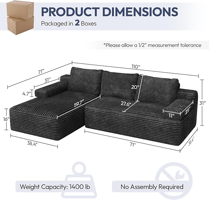 Yaheetech 110 Modular Sectional Sofa Corduroy Boneless Couch with Chaise L-Shape Cloud Couch with Detachable Pillows No Assembly Sofa for Living Room Dark Gray