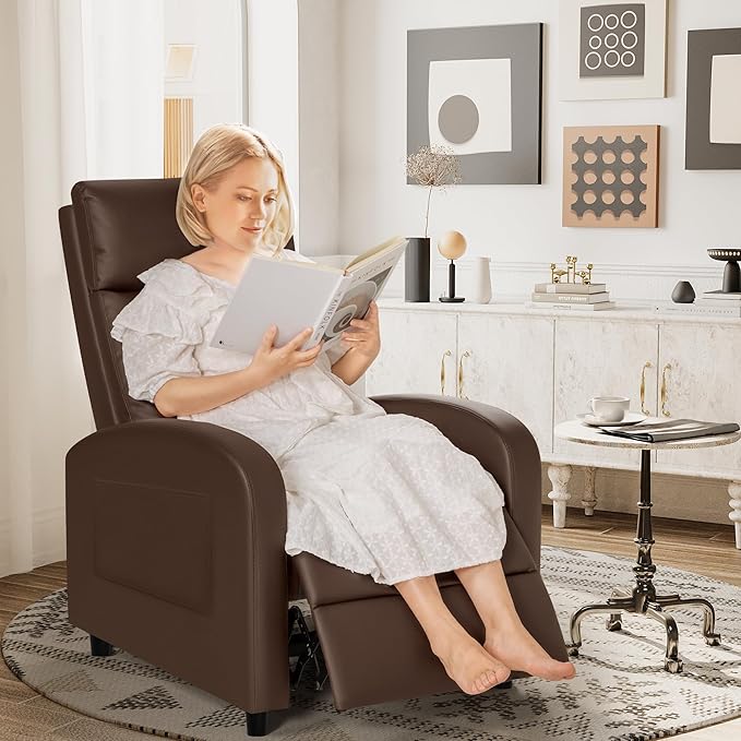 Rankok Recliner Chair Modern PU Leather Reclining Chair Ergonomic Adjustable Recliner for Living Room Home Theater Seating Single Sofa (Brown)