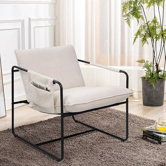 Accent Chair with Metal Frame Upholstered Living Room Chairs with Cushions Comfy Reading Armchair for Bedroom Beige