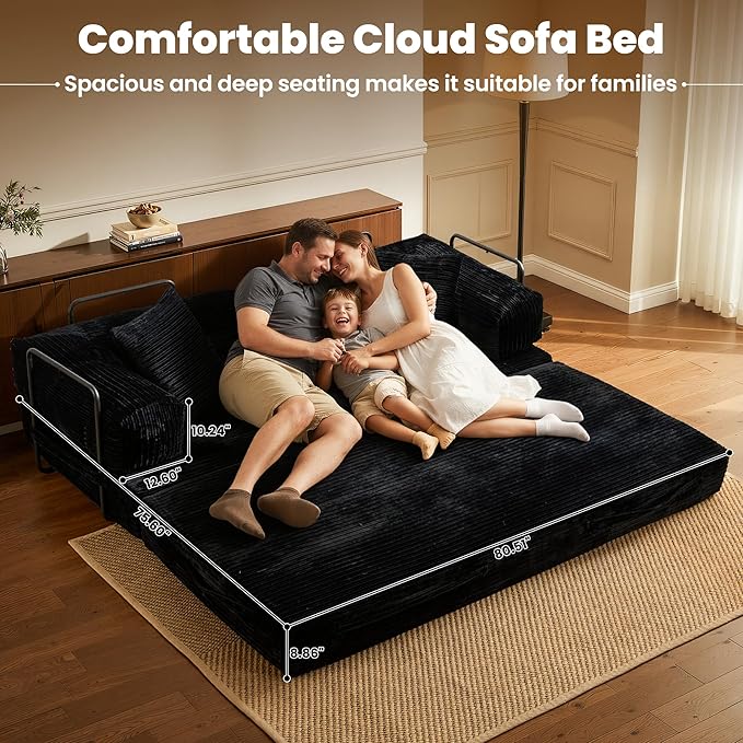 ovios 81 Folding Sofa Bed Foldable Sleeper Boneless Couch with Pull Out Beds Modular Convertible Floor Futon Loveseat Lounger for Living Room (Corduroy Black)