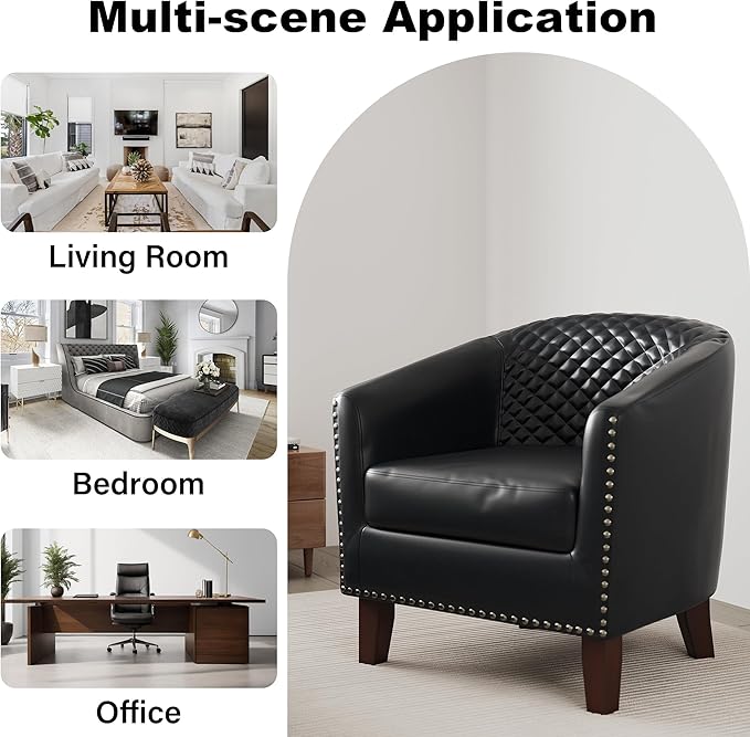 Accent Barrel Chair Upholstered Faux Leather Club Chair with Nailed Trim Comfy Reading Armchair for Living Room Bedroom Reception Room Office (Black Set of 1)