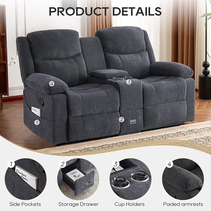 Recliner Sofa Reclining Loveseat Sofa with Massage &amp Heat Reclining Couch with Side Pockets Extra Storage Cup Holders for Living Room