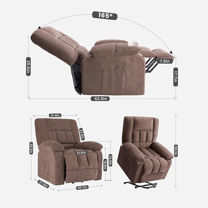 Power Lift Recliner Chair for Adult with Heated and Full Body Massage Glider Nursery Chair with Cup Holder and USB Charge Port Oversided Swivel Rocker Recliner for Living/Study/Bedroom Room Brown