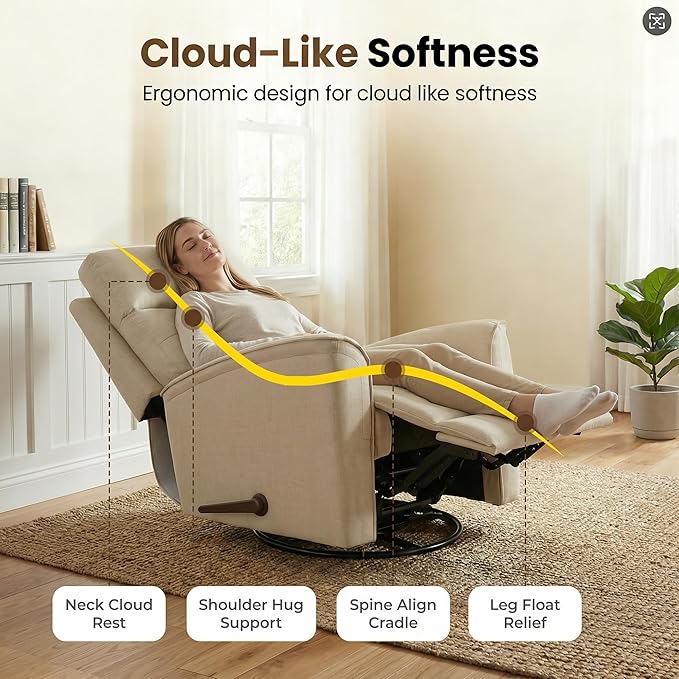 360° Swivel Manual Recliner Nursery Recliner Chair with Lumbar SupportRocker Recliner Chair for Adults Small Recliner for Living Room Bedroom Nursery Chenille Beige