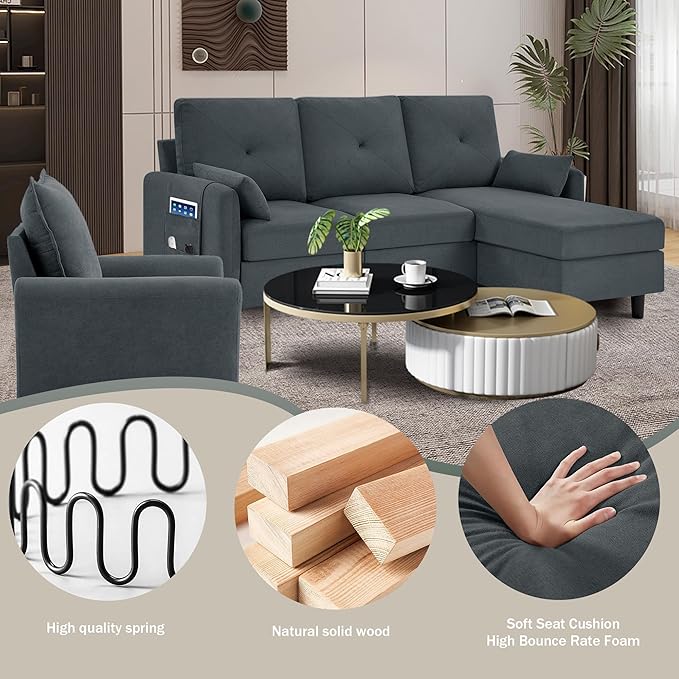 Convertible Sectional Sofa 77 Small L Shaped 3 Seat Couch with Reversible Storage Chaise and Accent Chair Set Modern Polyester Fabric Sofa Couches for Living Room Apartment Dark Grey