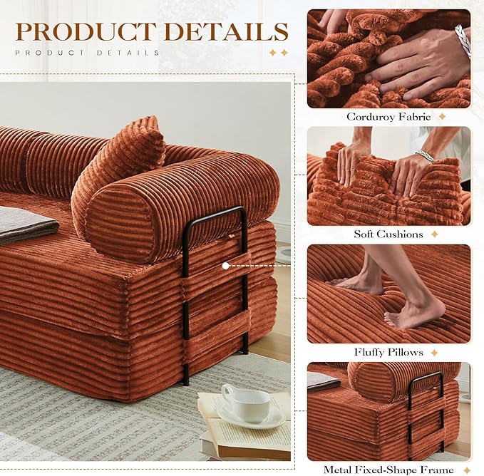 78.5W Convertible Folding Sofa Bed Corduroy Upholstered Queen Size Foam Floor Couch with Fixed-Shaped Frame Loveseat Sleeper Compression Sofa Foldable Mattress for Living Room Bedroom(Orange)