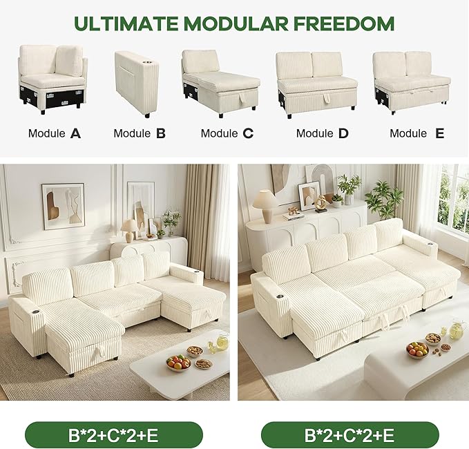 Sectional Couches for Living Room Sectional Sleeper Sofa with Pull Out Bed Modular Corner Sofa with Storage Convertible Sofa Bed for Living Room Bedroom and Apartment Beige