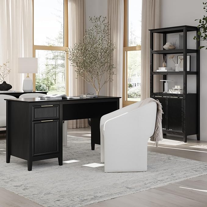 Bush Home 54-Inch Writing Desk with Storage Fluted Computer Study Laptop Table Workstation with Spacious Drawer and Door Storage Home Office Furniture Make Up Vanity Camille Collection Onyx Birch