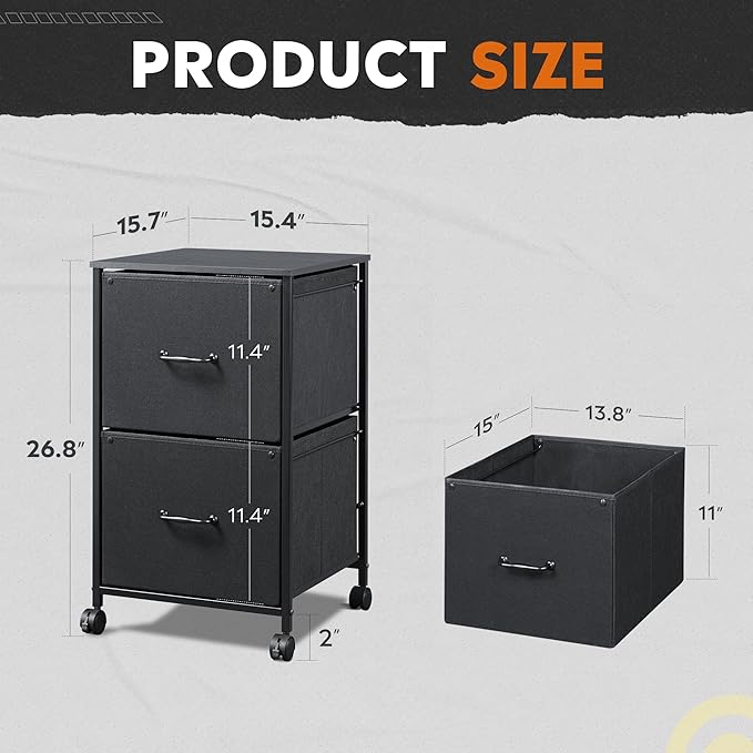 DEVAISE 2 Drawer Mobile File Cabinet Rolling Printer Stand Fabric Vertical Filing Cabinet fits A4 or Letter Size for Home Office Black