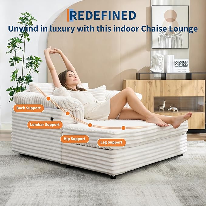 Oversized Chaise Lounge Chair Indoor Upholstered Sofa Bed with Throw Pillows and Armrests Comfy Corduroy Sleeper Couch with Cup Holders and Charging Port for Living Room Bedroom 60 Inch Wide White