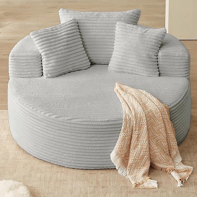 55''Oversized Round Chair Lounge Chaise IndoorCloud Boneless Large Circle Chair with Plush CorduroyNo Assembly RequiredFluffy Modern Sleeper Sofa Bed for ReadingLiving Room(GreyFabric Upgrade)
