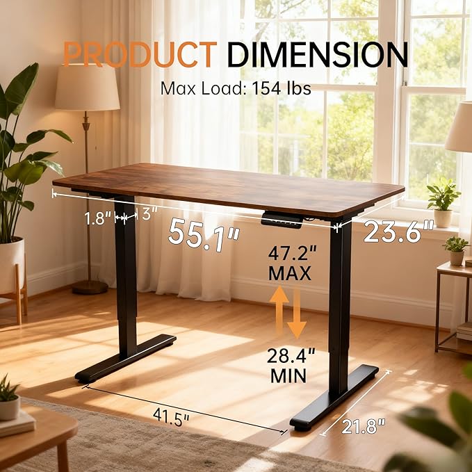 55x24 Standing Desk Height Adjustable Electric Stand up Desks for Home Office Computer Sit Stand Desk with Two-Piece Desktop with Gap 3 Memory Presets T-Shaped Metal Support Brown