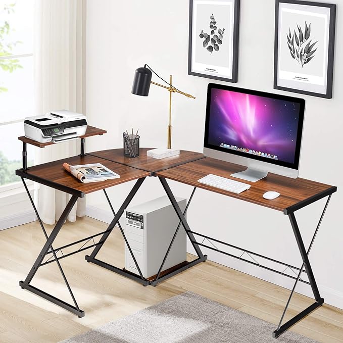Tangkula L-Shaped Computer Desk 58 Inches Corner Computer Desk with Movable Shelf &amp CPU Stand Space Saving Computer Workstation Home Office Desk (Brown)