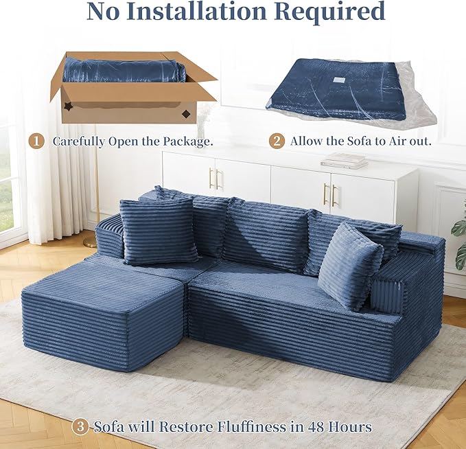 80 Cloud Modular Sectional Sofa with L-Shaped Boneless Couches for Living Room Fluffy Comfy Corduroy Deep Seat with Ottoman Bedroom Apartment No Assembly Required