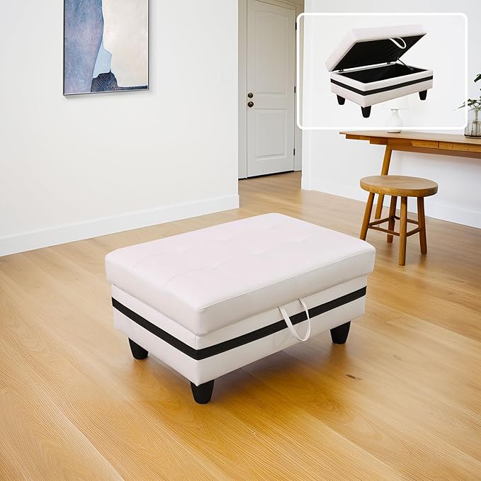 Leather Storage Ottoman Bench 34-inch Rectangular Bench for Living Room Furniture Sets Safety Hinged Lid &amp Button-Tufted Ottoman with Legs for Living Room/Bedroom/Entryway (White&ampBlack#1)