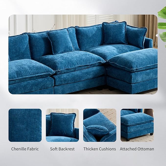 113.78 Modular Cloud Couch Sectional L Shaped Modular Sectional Sofa with Movable Ottoman and Throw Pillows Comfy Chenille Fabric Deep Seat Cloud Sofa Couches for Living Room (Blue3-Seater)