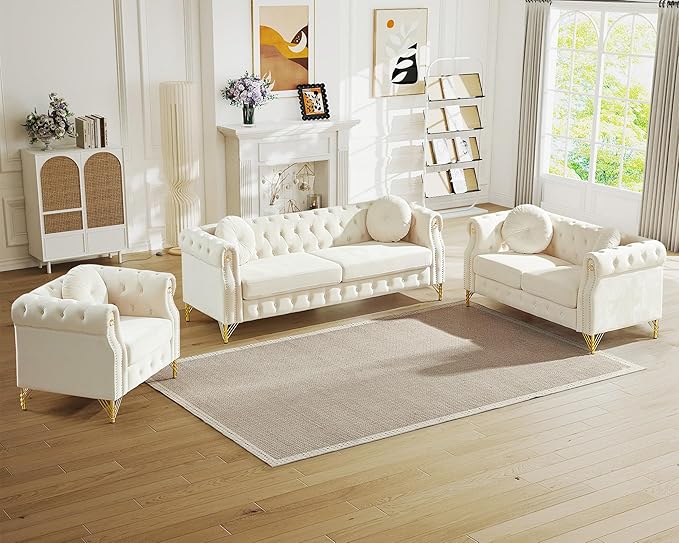 Antetek Set of 3 Chesterfield Sofas Oversized Mid Century Modern Sofa Couch with Button Tufting &amp Rolled Arms Comfy Upholstered Velvet Deep Seat Couch Set for Living Room Office Beige(3 Pieces)