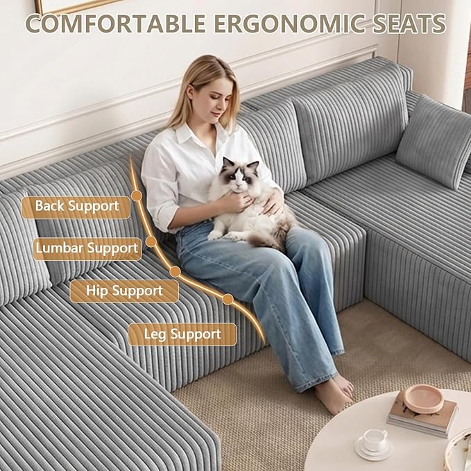 124 U Shaped Cloud Couch Sectional Corduroy Upholstered 4-Seater Cloud Couches for Living Room Deep Seat Modular Boneless Sofa with Lounge Chaise No Assembly Required Light Grey
