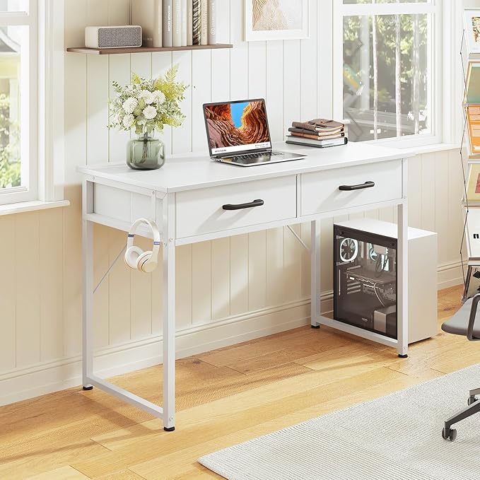 Casaottima 40 Inch Small Office Computer Desk with 2 Drawers &amp Headphone Hook - Compact Writing Desk for Home Office Study or Work Modern Space-Saving Design for Small Spaces White