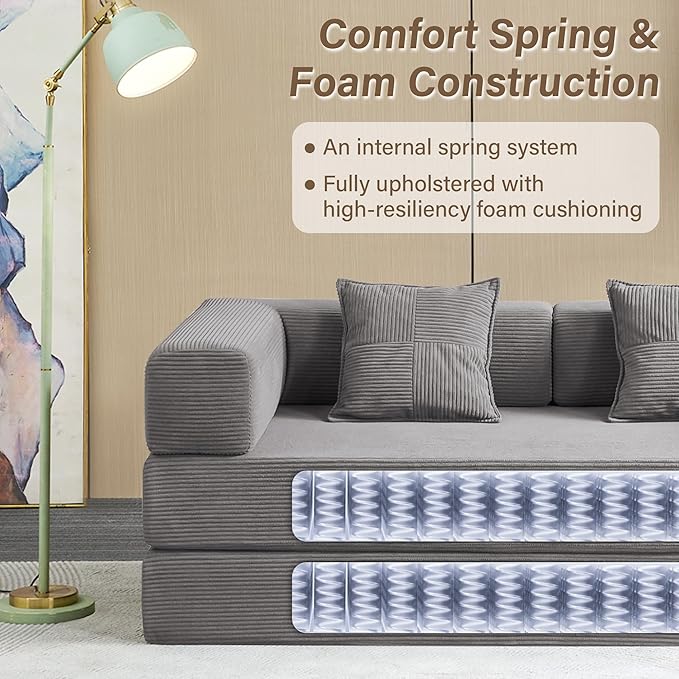 YINIX Foldable Sofa Bed 78'' Folding Floor Couch Compressed Convertable Sleeper Sofa Memory Foam Couch with Pillow Back Support Armrest 4-in-1 Futon Sofa Bed for Living Room Grey