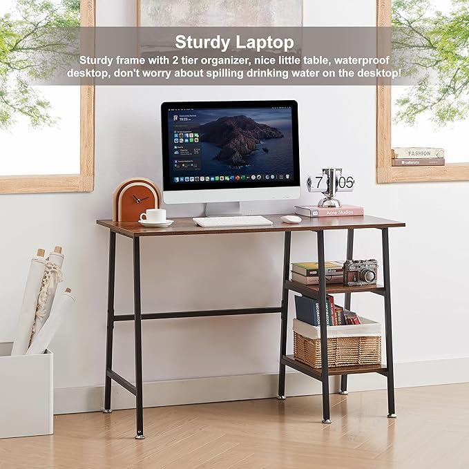 VECELO 43.1 Inch Computer Desk Home Office Walnut Study Desk Work Office Table with Shelves Wooden Desk for Bedroom