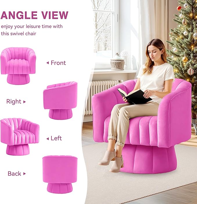 YSICK Swivel Accent Chair 360°Swivel Barrel Chair Modern Ottoman with Velvet Fabric Mid-Century Ottoman with Wide Upholstered Round Armchair for Living Room Lounge BedroomRosepink