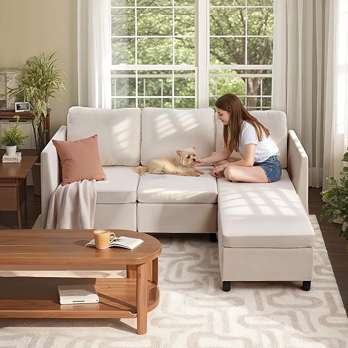 VEVOR Modular Sectional Sofa 3-Seater Modular Sofa with Hidden Storage Customizable Cloud Sectional Couch with Ottoman Solid Wood Frame Upholstered Couch for Living Room Bedroom Beige